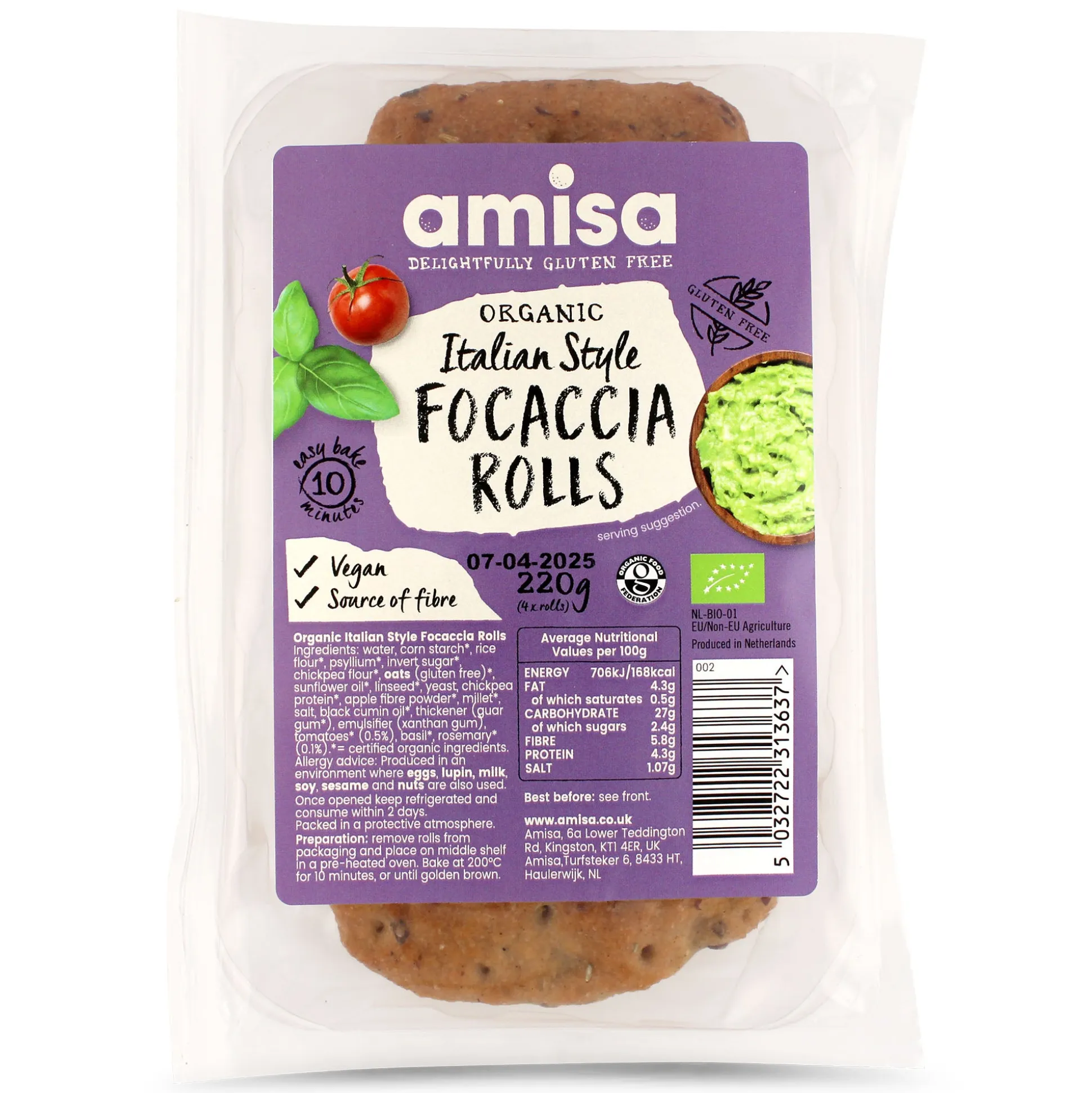 Amisa Focaccia Rolls-White Organic Glutenfree 220g (4 rolls)