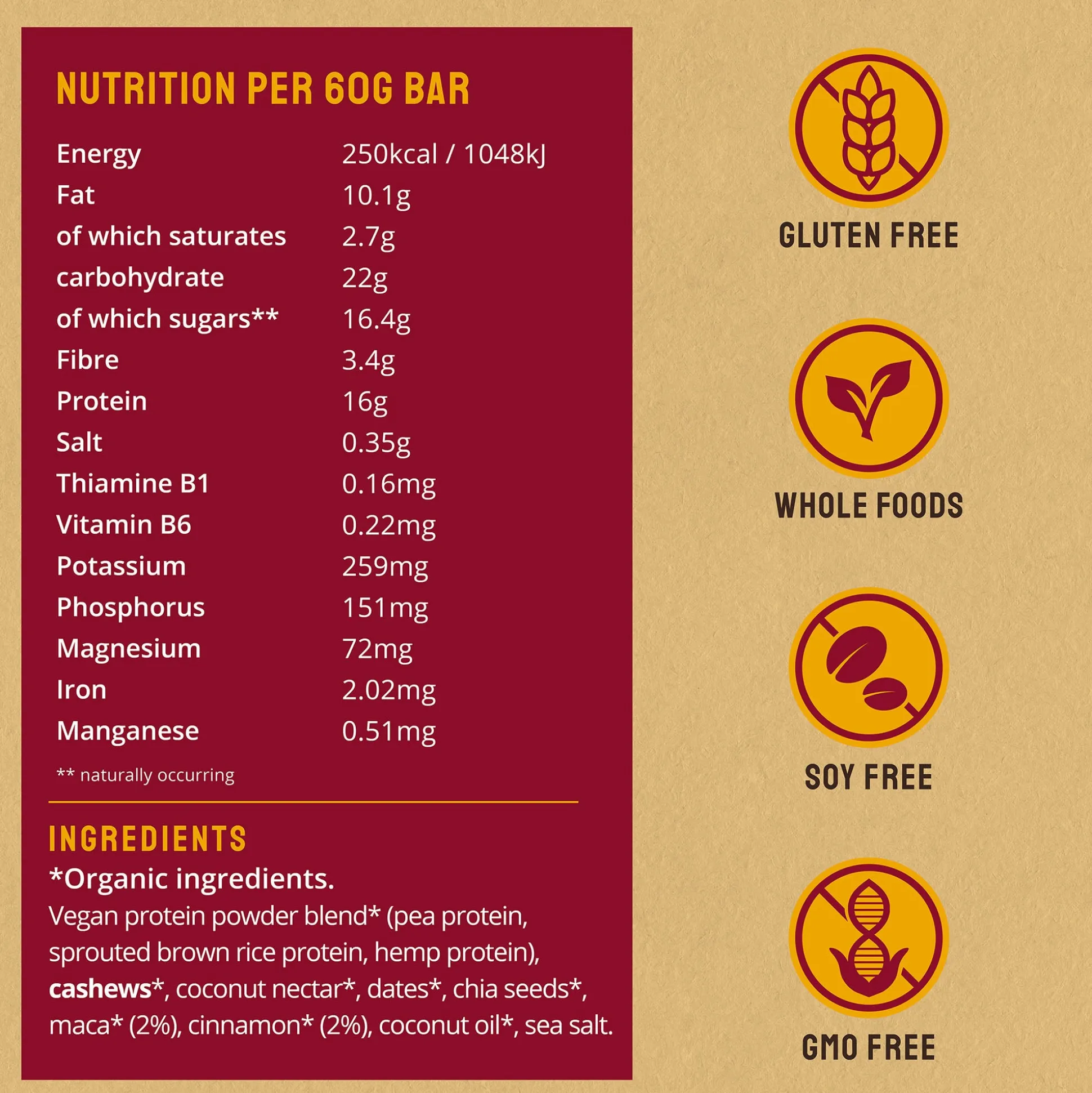 BodyMe Organic Maca Cinnamon Vegan Protein Bar 60g