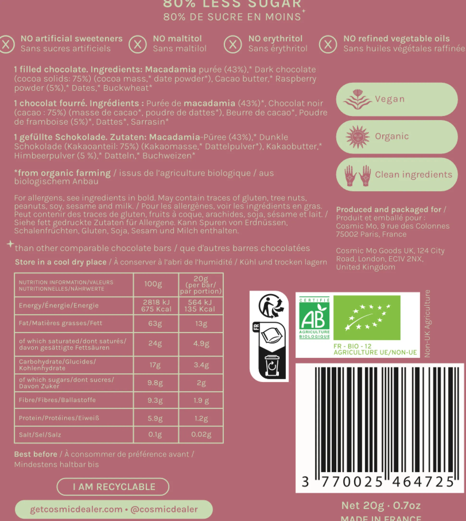 Cosmic Dealer Nut Butter Chocolate: Raspberry & Buckwheat - Abundance 20g