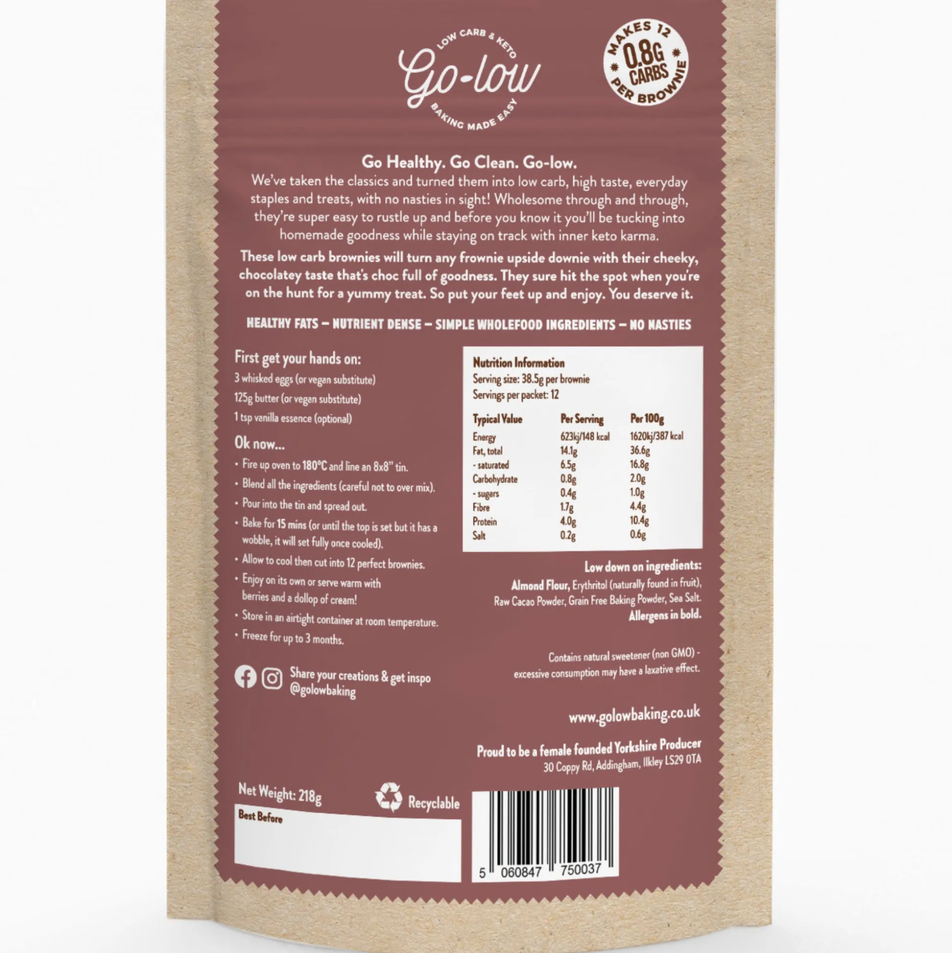 Go-low Keto & Low Carb Chocolate Brownie Baking Mix 218g