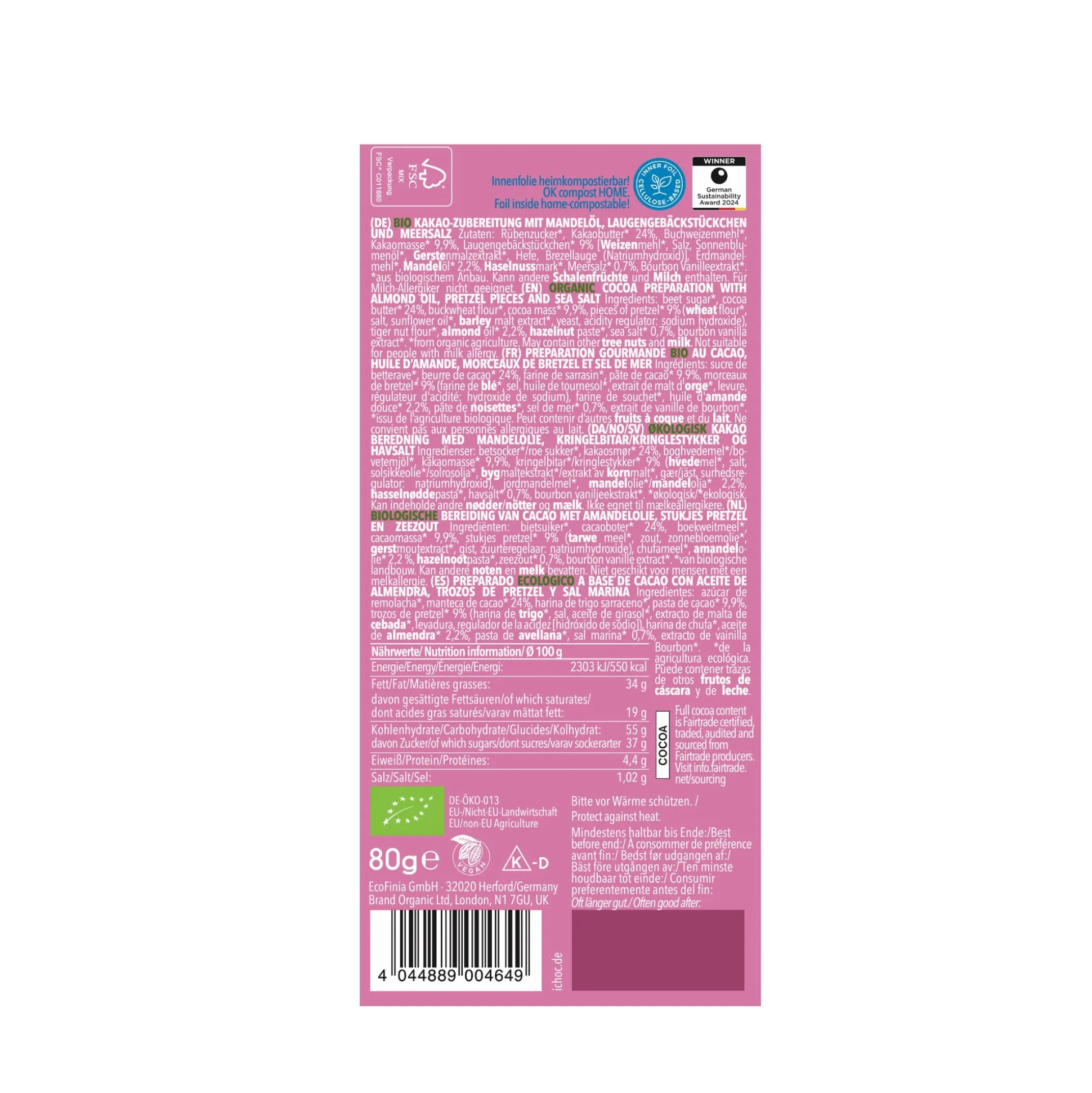 iChoc Salty Pretzel Vegan Chocolate Bar, Organic & Fairtrade 80g