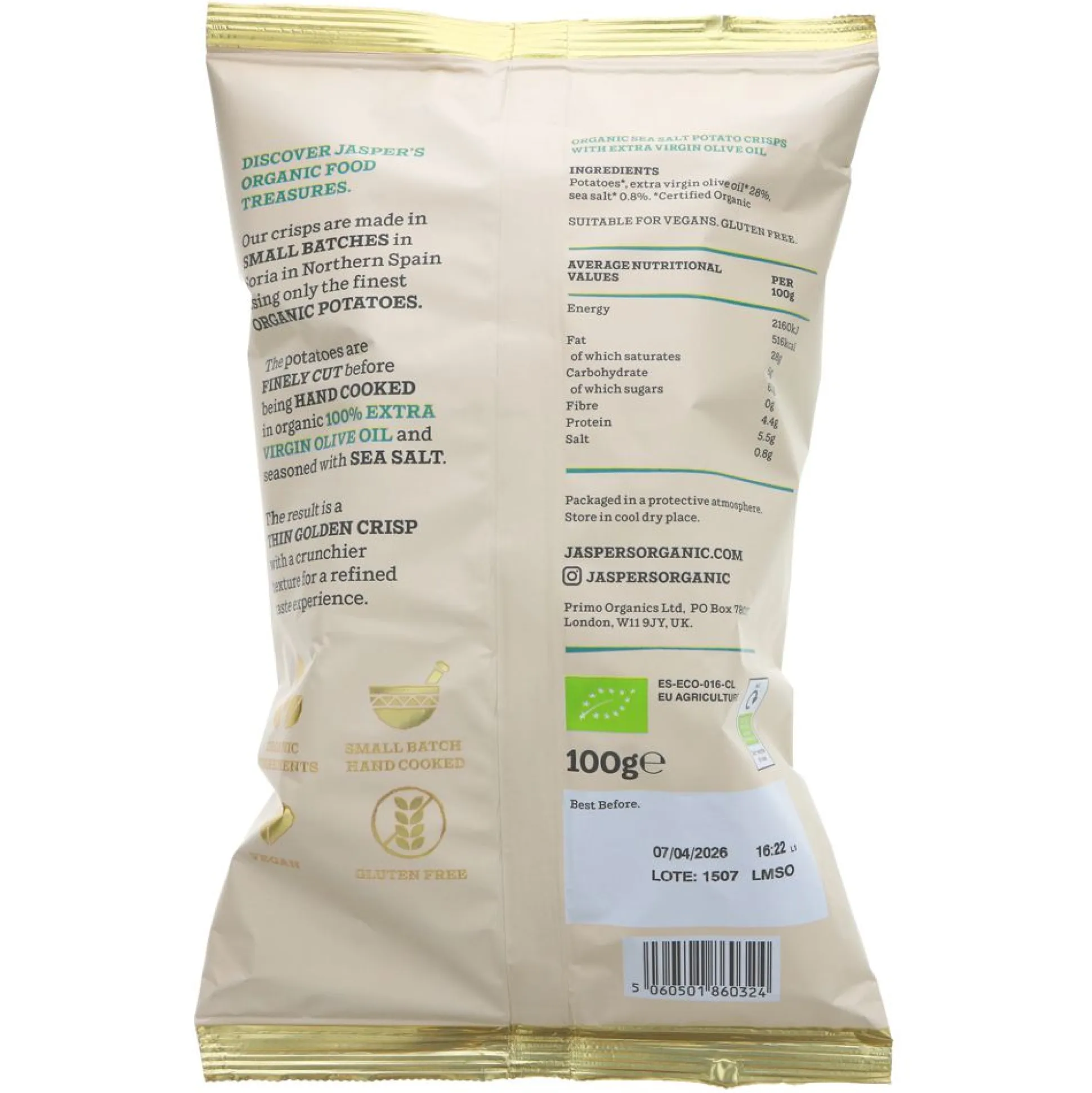 Jasper's Organic Crisps 100% Extra Virgin Olive Oil 100g 100g
