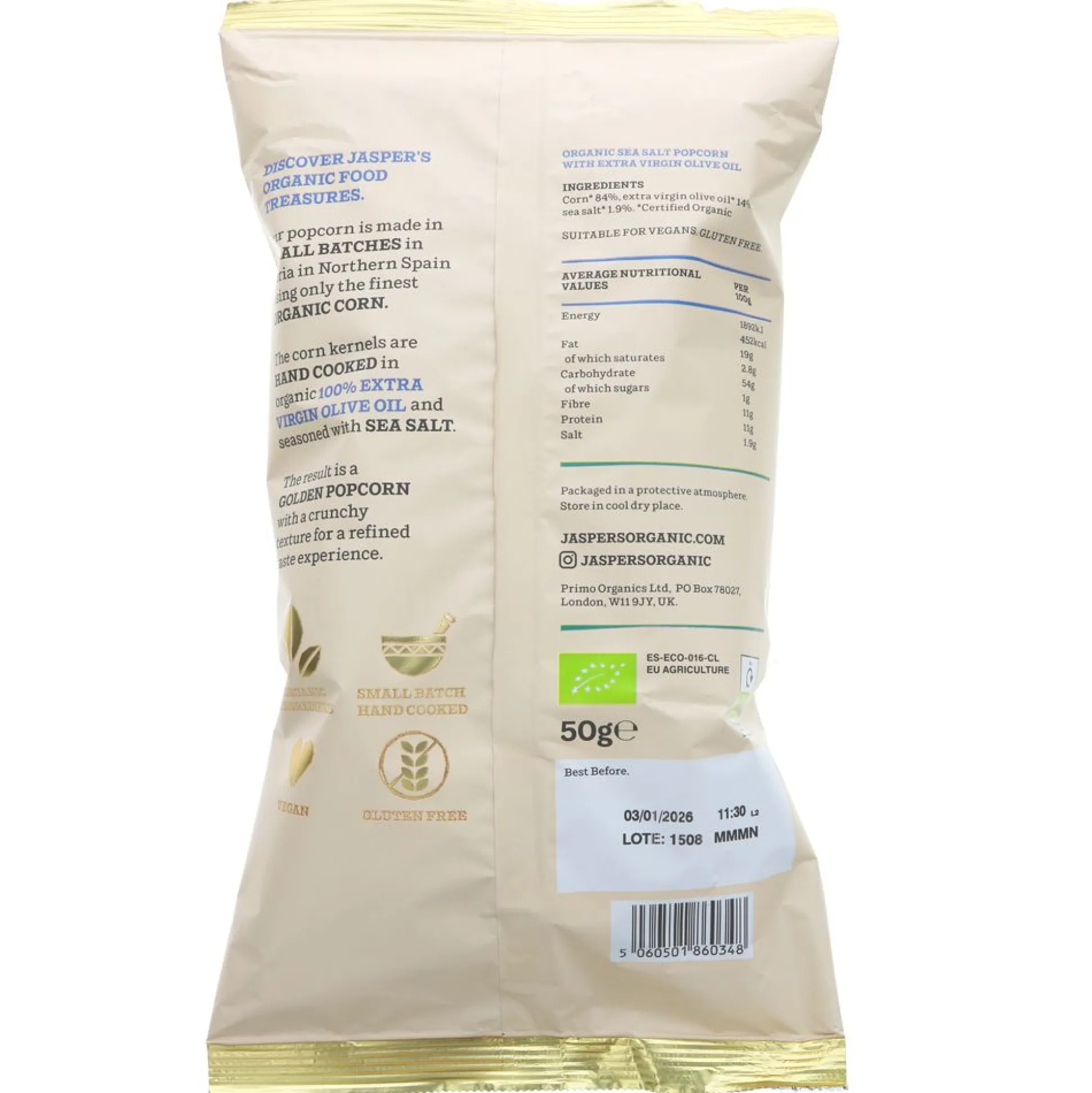 Jasper's Organic Sea Salt Popcorn 100% Extra Virgin Olive Oil 50g 50g