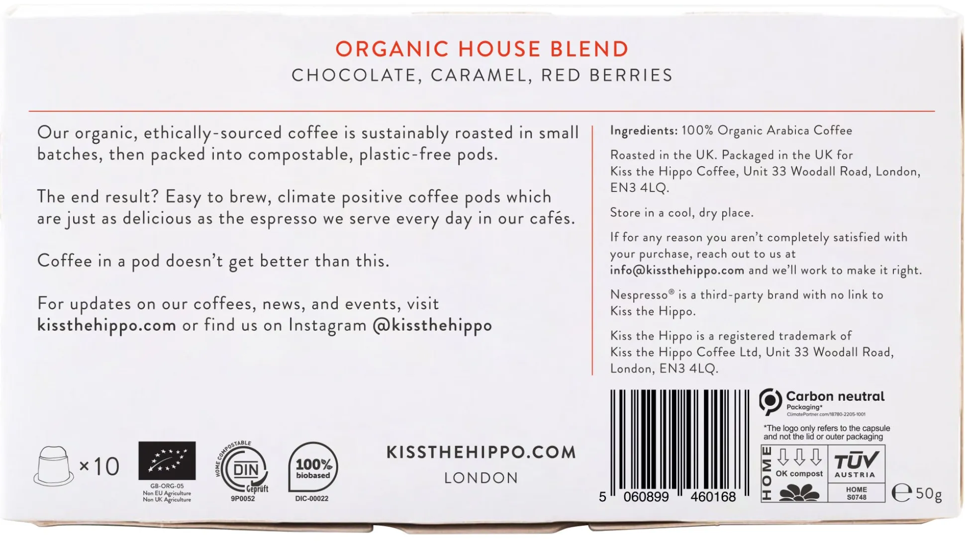 Kiss the Hippo Coffee Organic House Blend Pods 10 pods