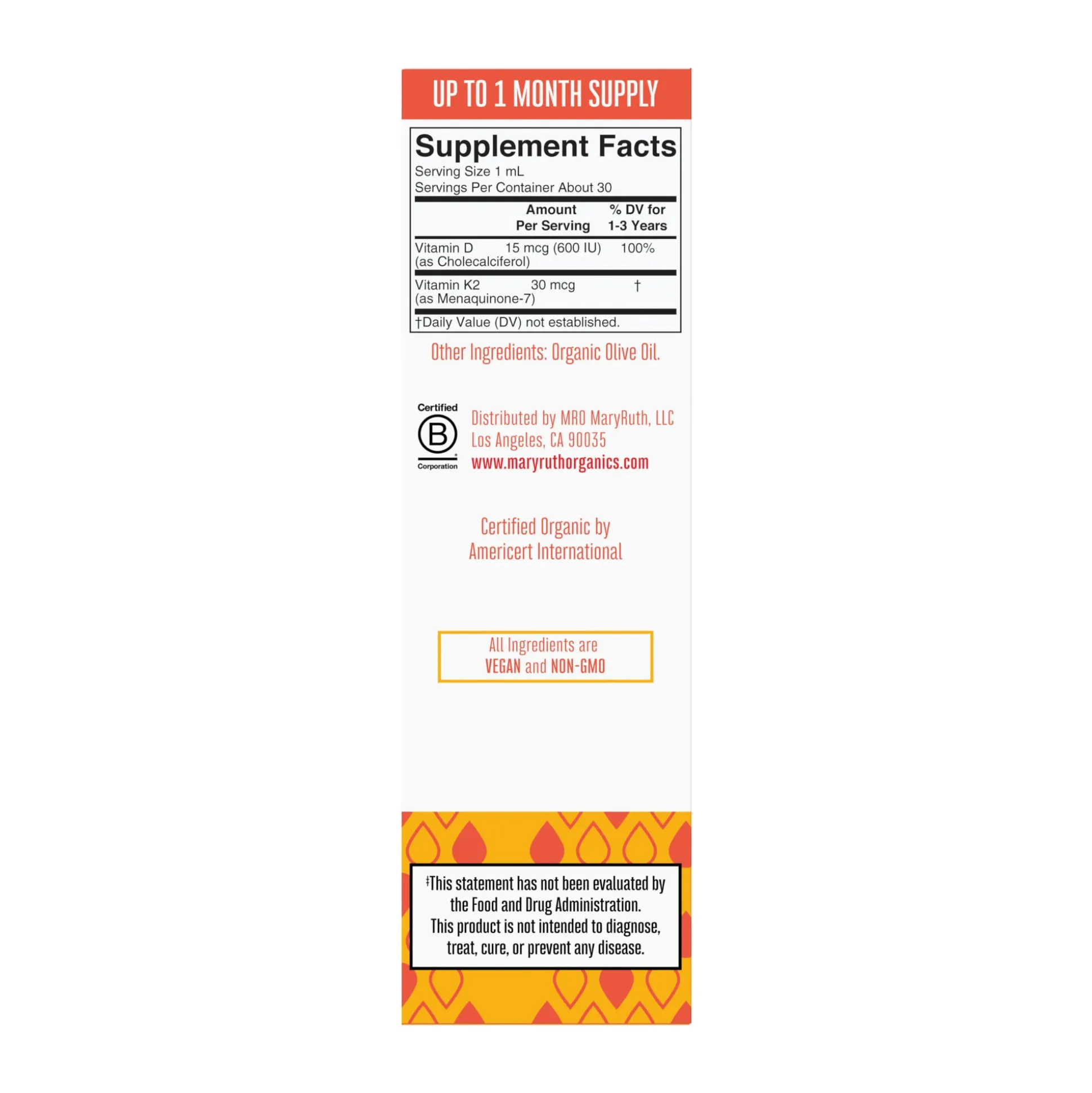 MaryRuth's Toddler Vitamin D3+K2 Drops, Unflavored 29ml