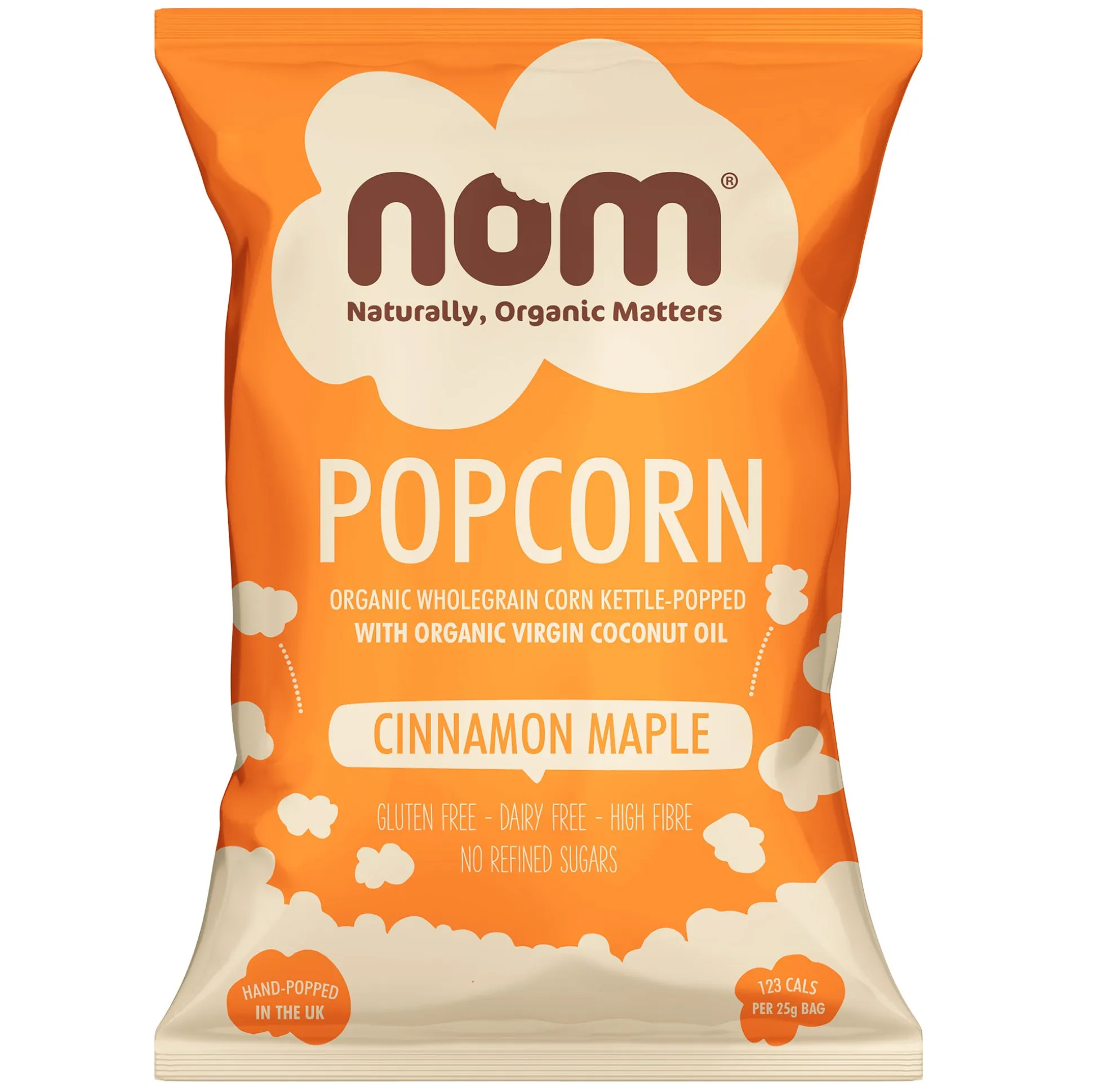 nom organic cinnamon maple popcorn 25g