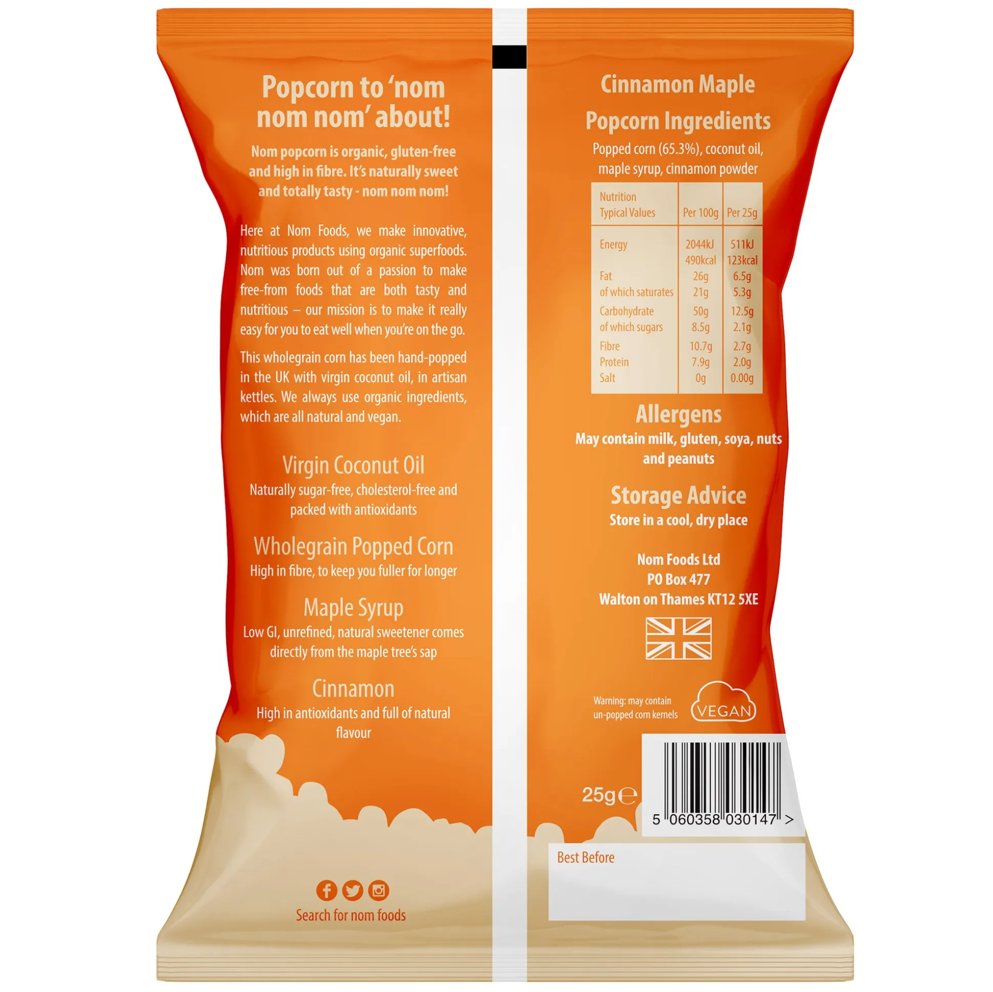 nom organic cinnamon maple popcorn 25g