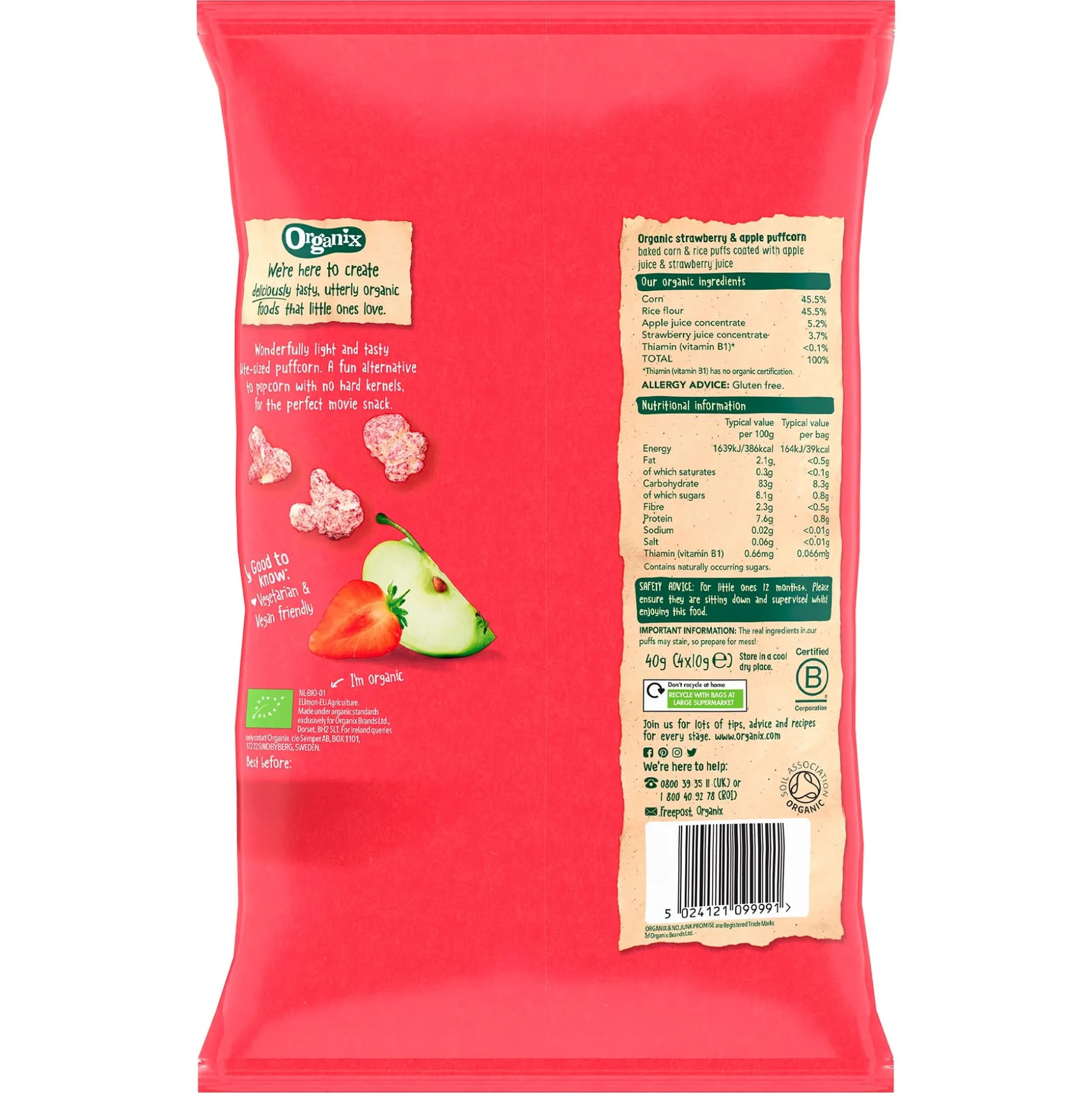 Organix Strawberry & Apple Puffcorn 4x10g