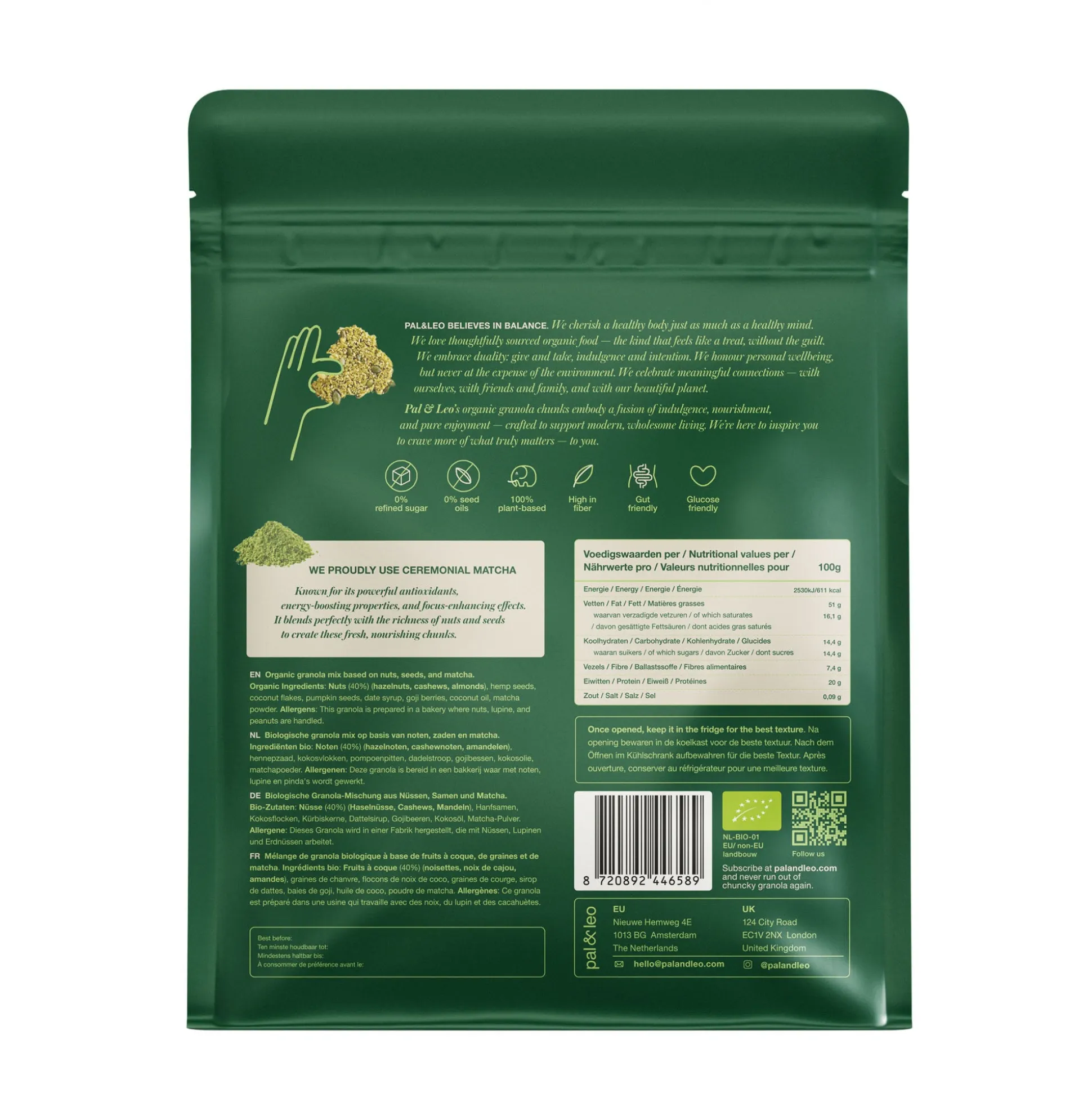 Pal & Leo Organic Granola Chunks - Matcha 250g