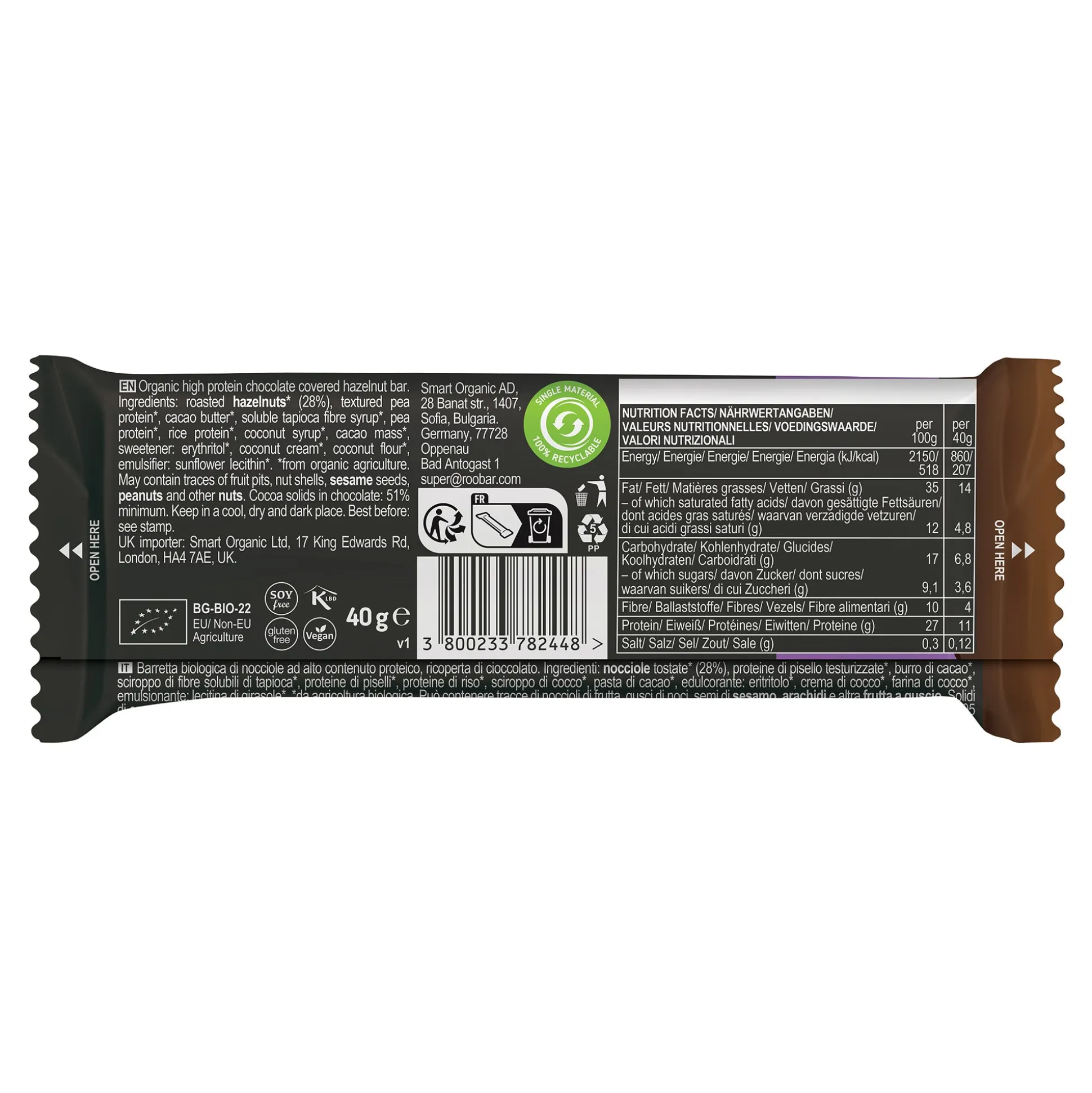 Roobar High Protein Chocolate Covered Bar with Hazelnut Nougat 40g