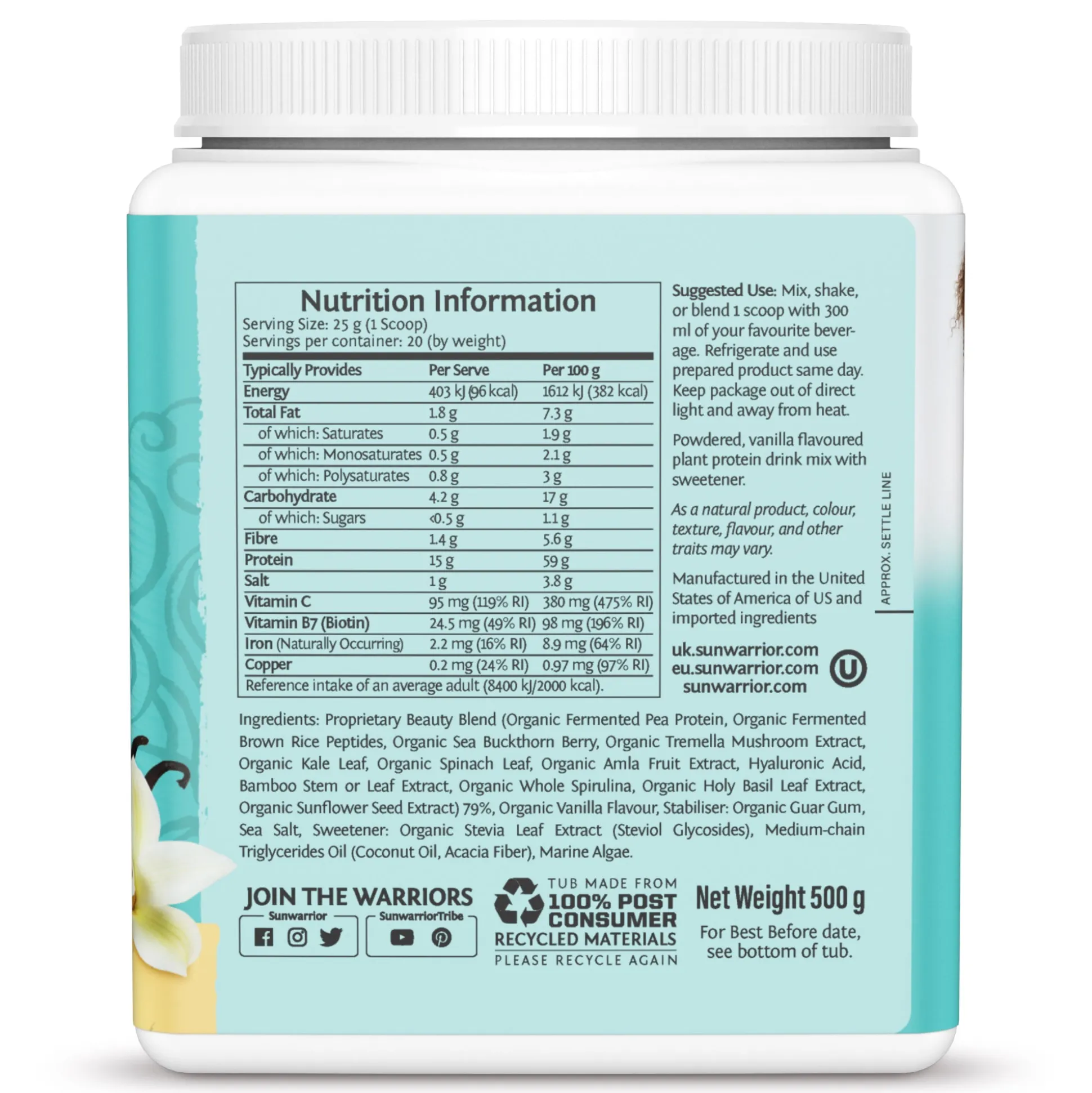 Sunwarrior Collagen Building Protein Peptides Tahitian Vanilla 500g