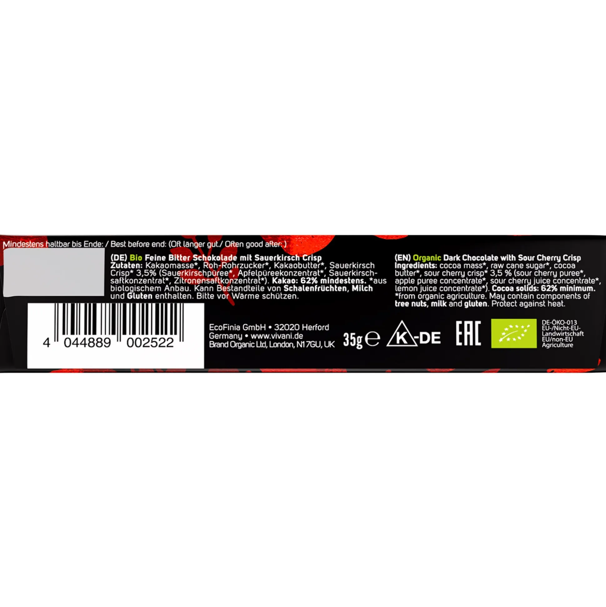 Vivani Black Cherry Chocolate Bar, Organic 35g