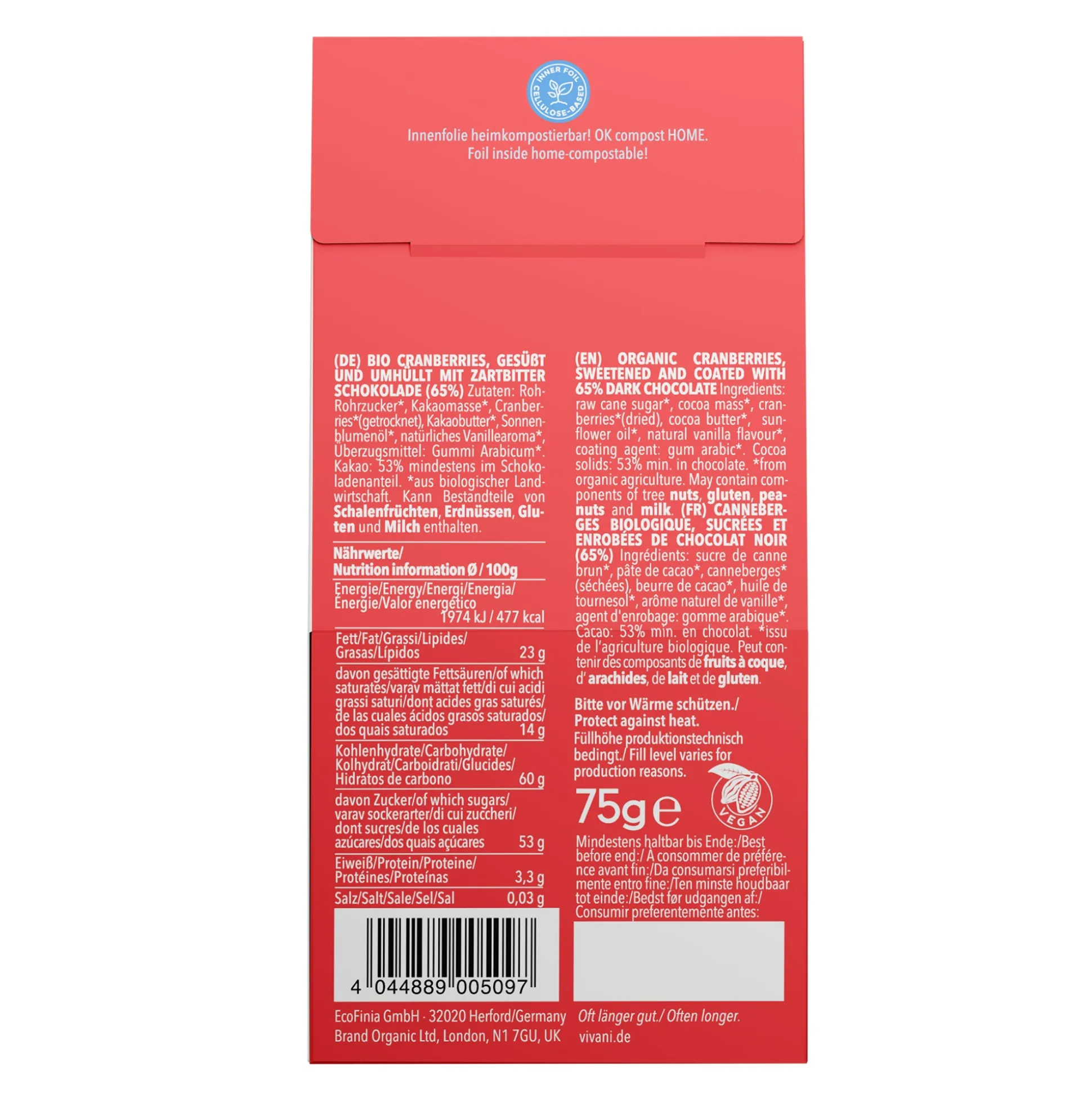 Vivani Choco Dragées Cranberry 75g