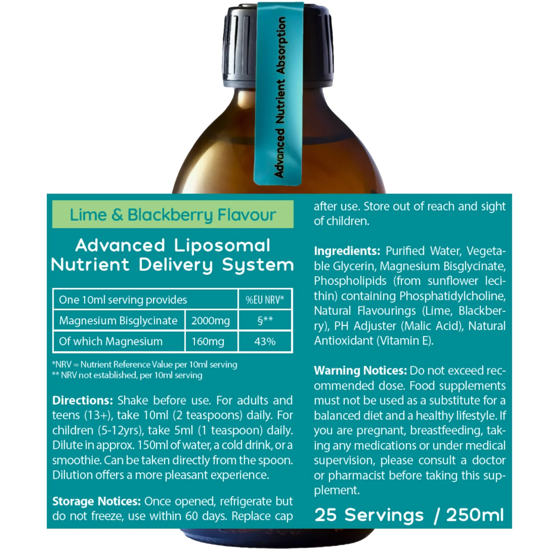 Well. Actually. Liposomal Magnesium Bisglycinate 200mg - Lime Flavour 250ml