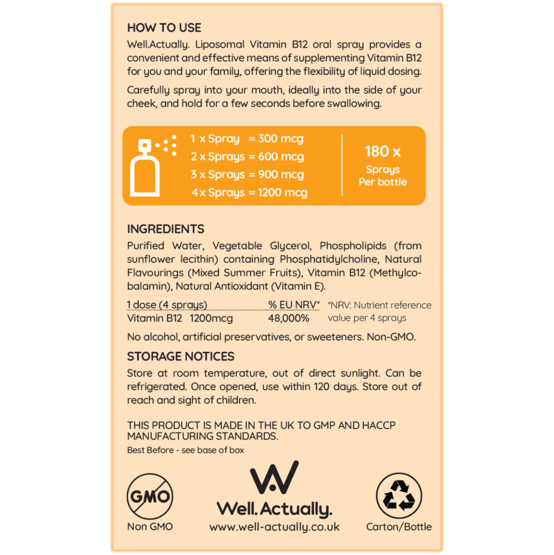 Well. Actually. Liposomal Vitamin B12 methylcobalamin Spray (1200mcg) - Truly Fruity Flavour 30ml