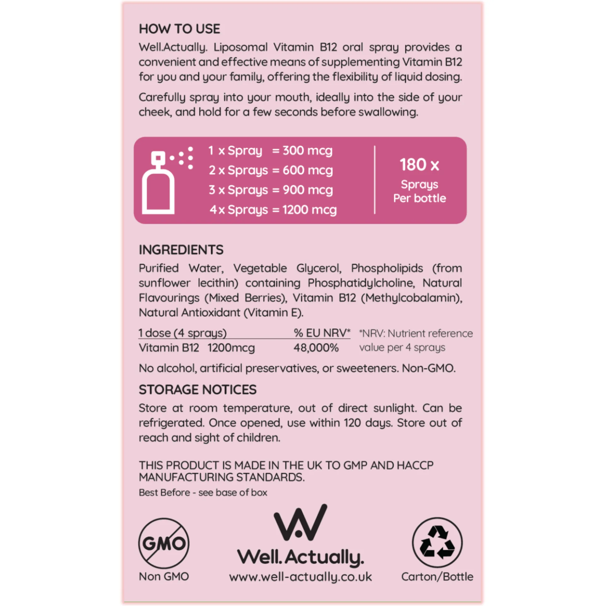 Well. Actually. Liposomal Vitamin B12 methylcobalamin Spray (1200mcg) - Very Berry Flavour 30ml