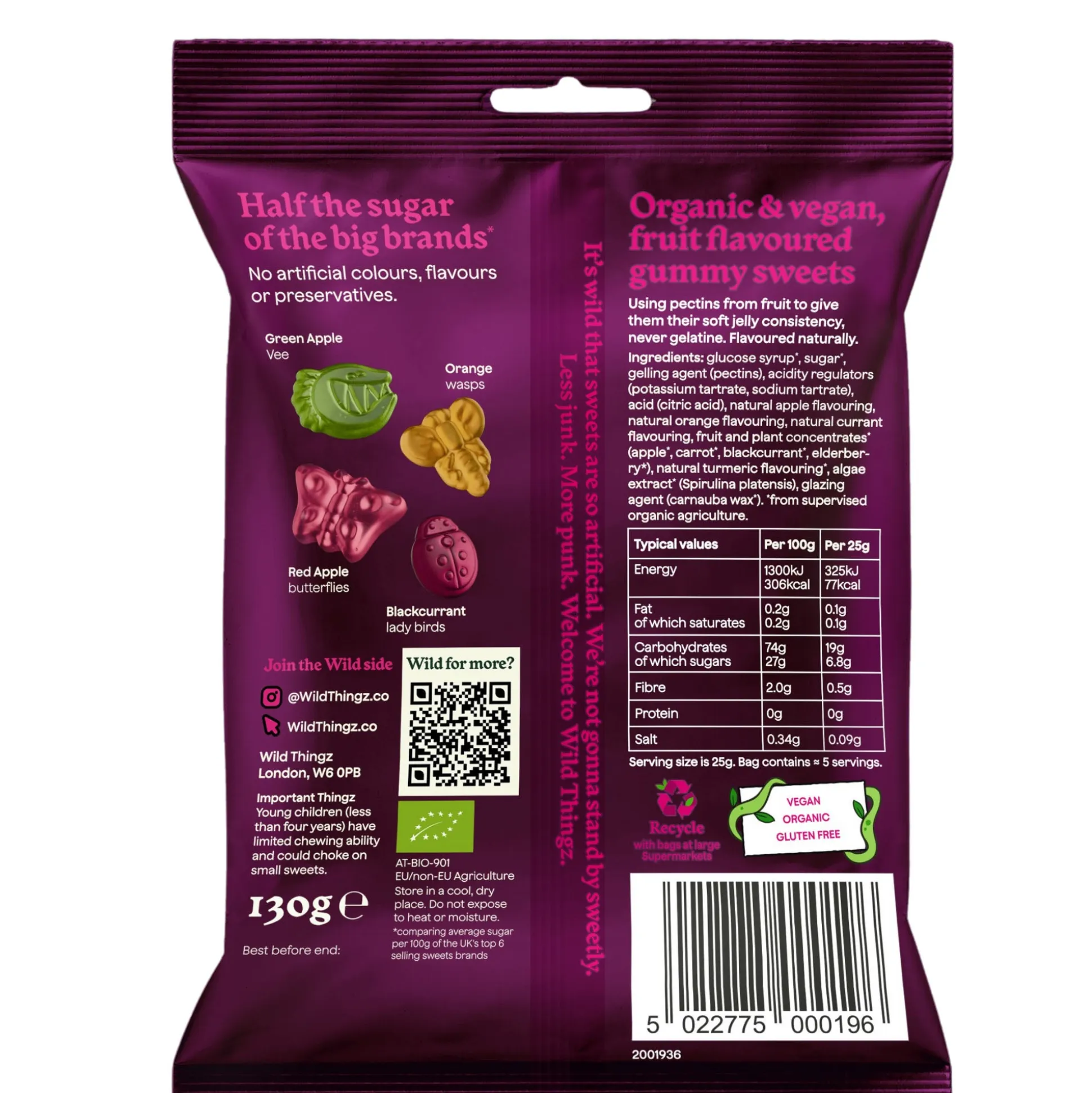 Wild Thingz Organic & Vegan Gummy Sweets, Fruity Flyz 130g